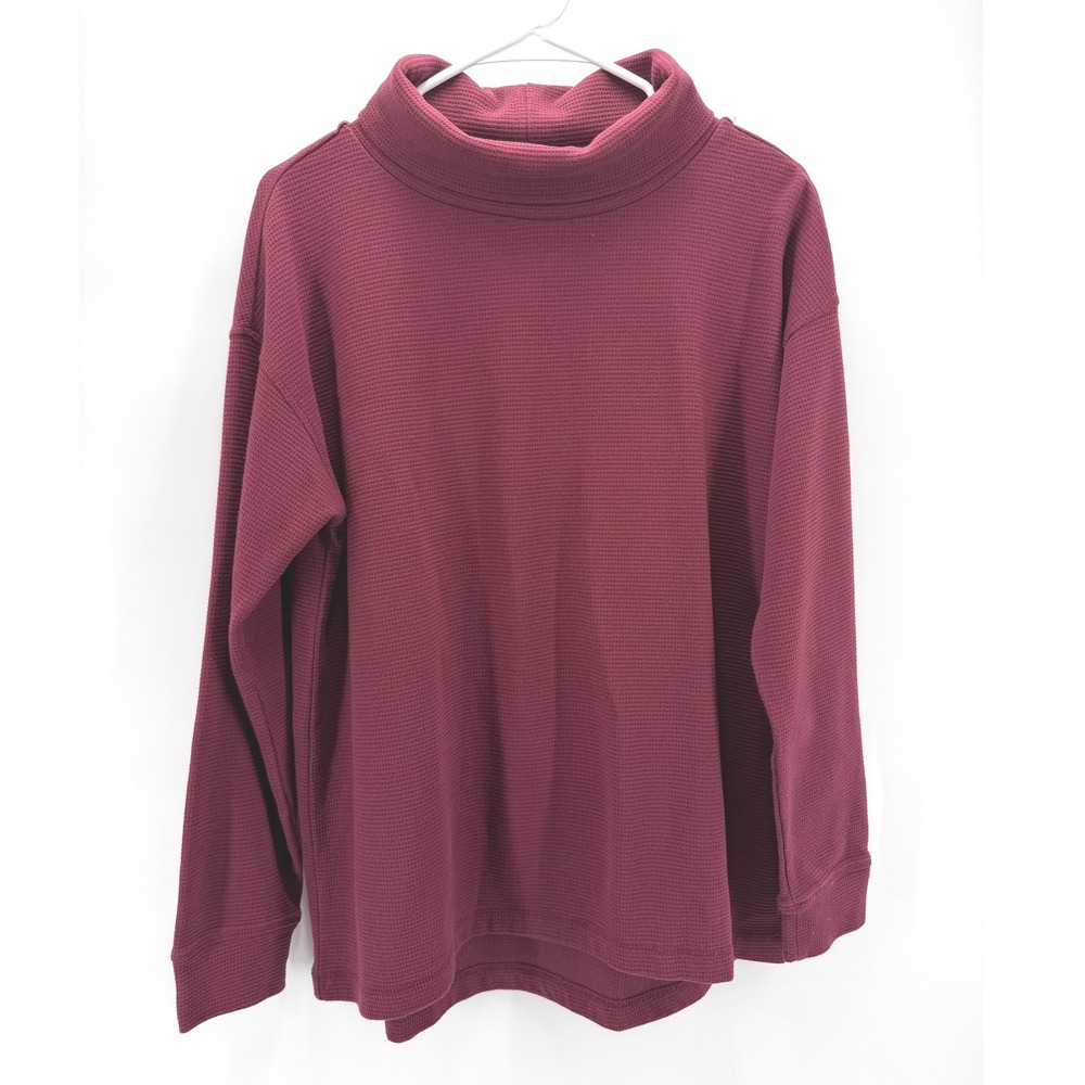 Lands End Waffle Knit Top Burgundy Turtle Neck Long Sleeve Cozy Cabin Women L